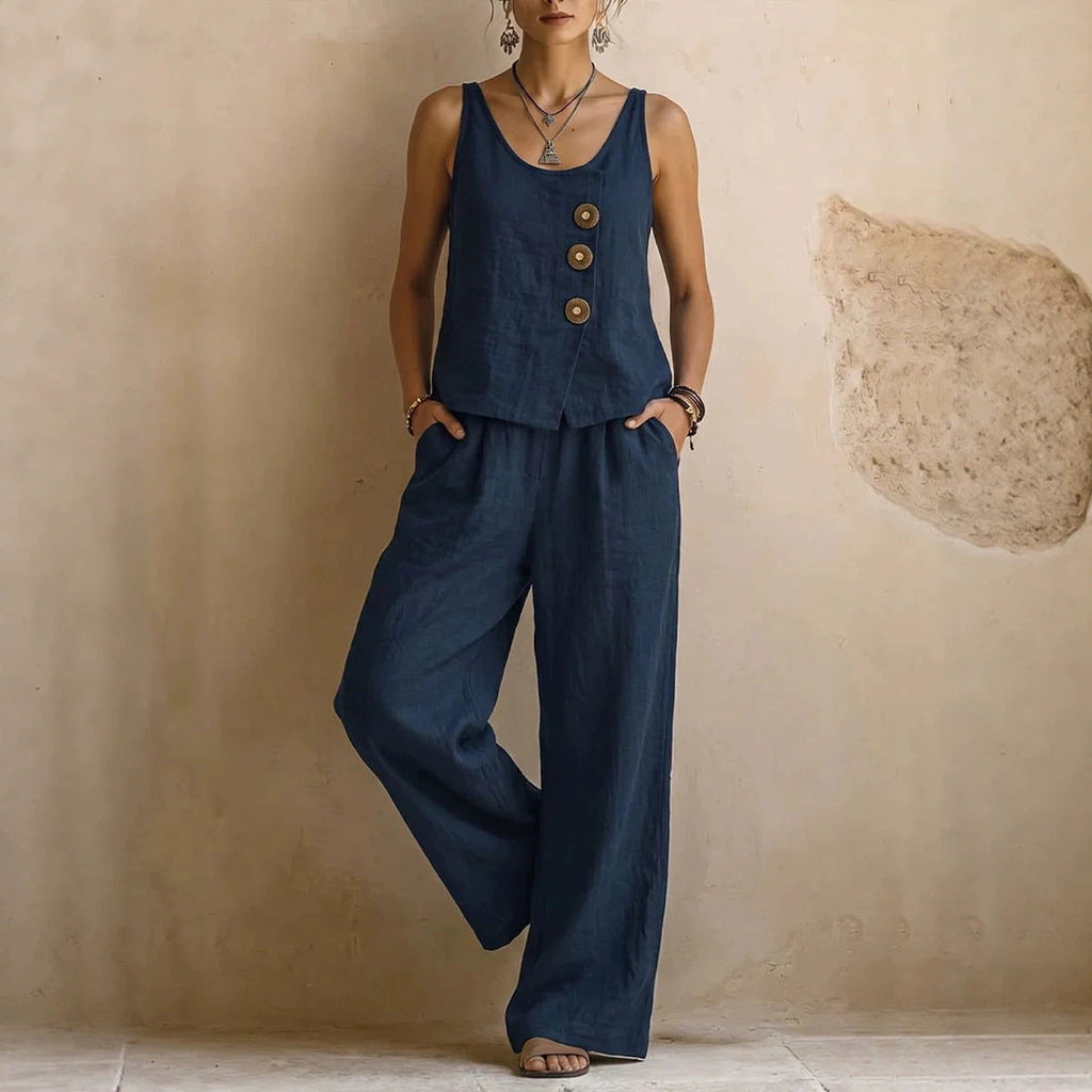 Cotton Linen | Women's Two Piece Set with Sleeveless Tank Top & Long Pants | Casual Comfort for Effortless Style
