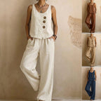 Cotton Linen | Women's Two Piece Set with Sleeveless Tank Top & Long Pants | Casual Comfort for Effortless Style