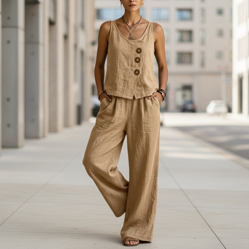 Cotton Linen | Women's Two Piece Set with Sleeveless Tank Top & Long Pants | Casual Comfort for Effortless Style