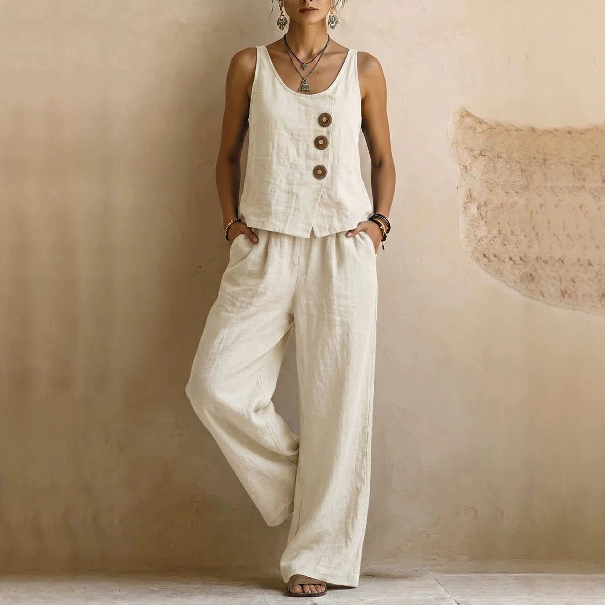 Linen blend | Women's Sleeveless Matching Set | Casual Comfort Co-Ord