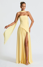 Crimson Allure – Red Maxi Dress with Asymmetrical Hem & Matching Scarf