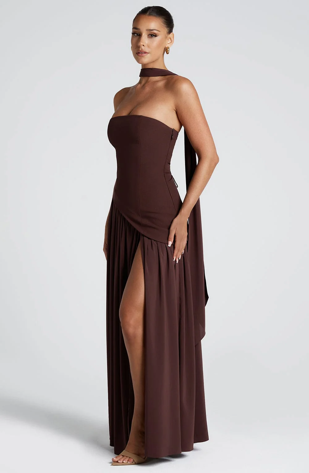 Crimson Allure – Red Maxi Dress with Asymmetrical Hem & Matching Scarf