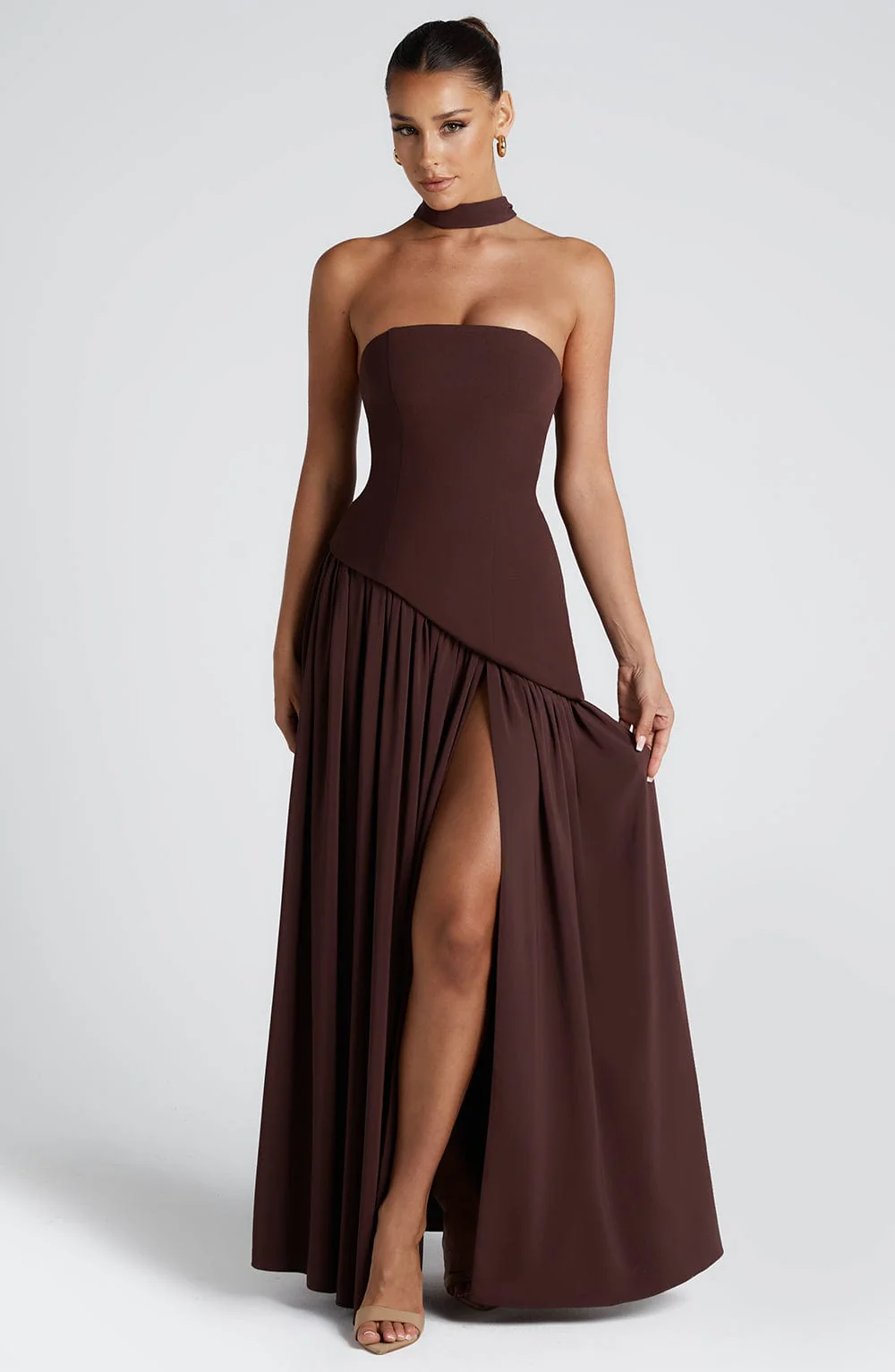 Crimson Allure – Red Maxi Dress with Asymmetrical Hem & Matching Scarf