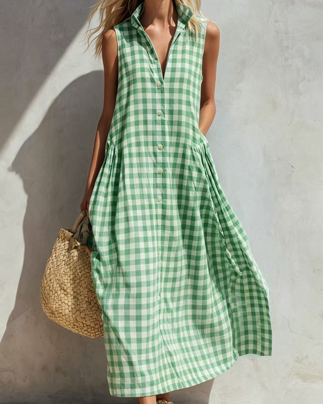 Curvvvy™ Loose Plaid A-Line Sleeveless Maxi Dress