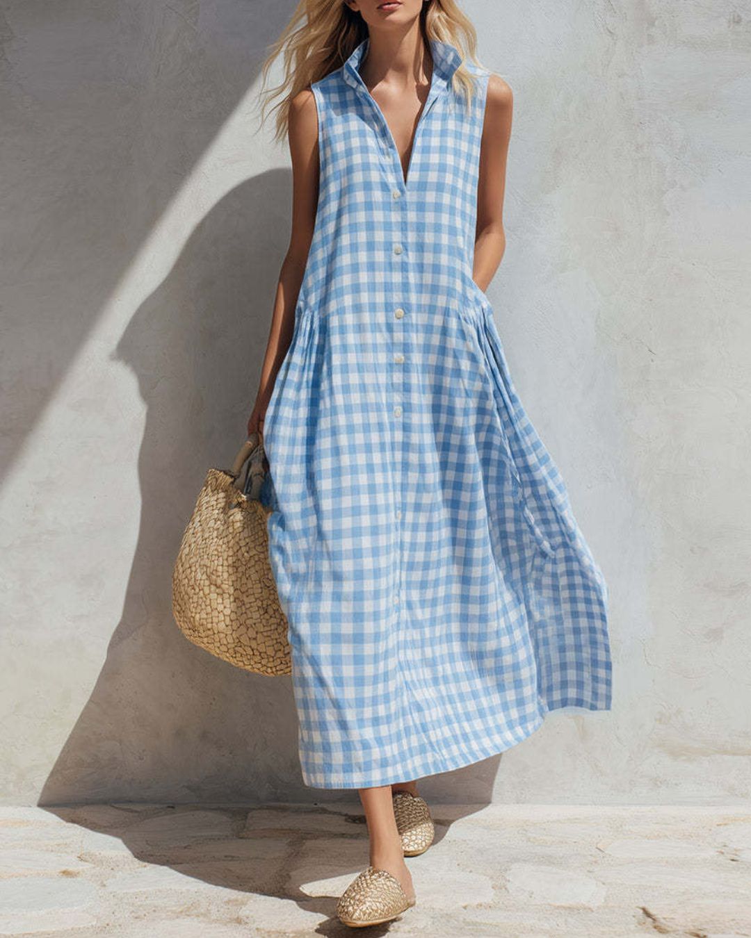 Curvvvy™ Loose Plaid A-Line Sleeveless Maxi Dress