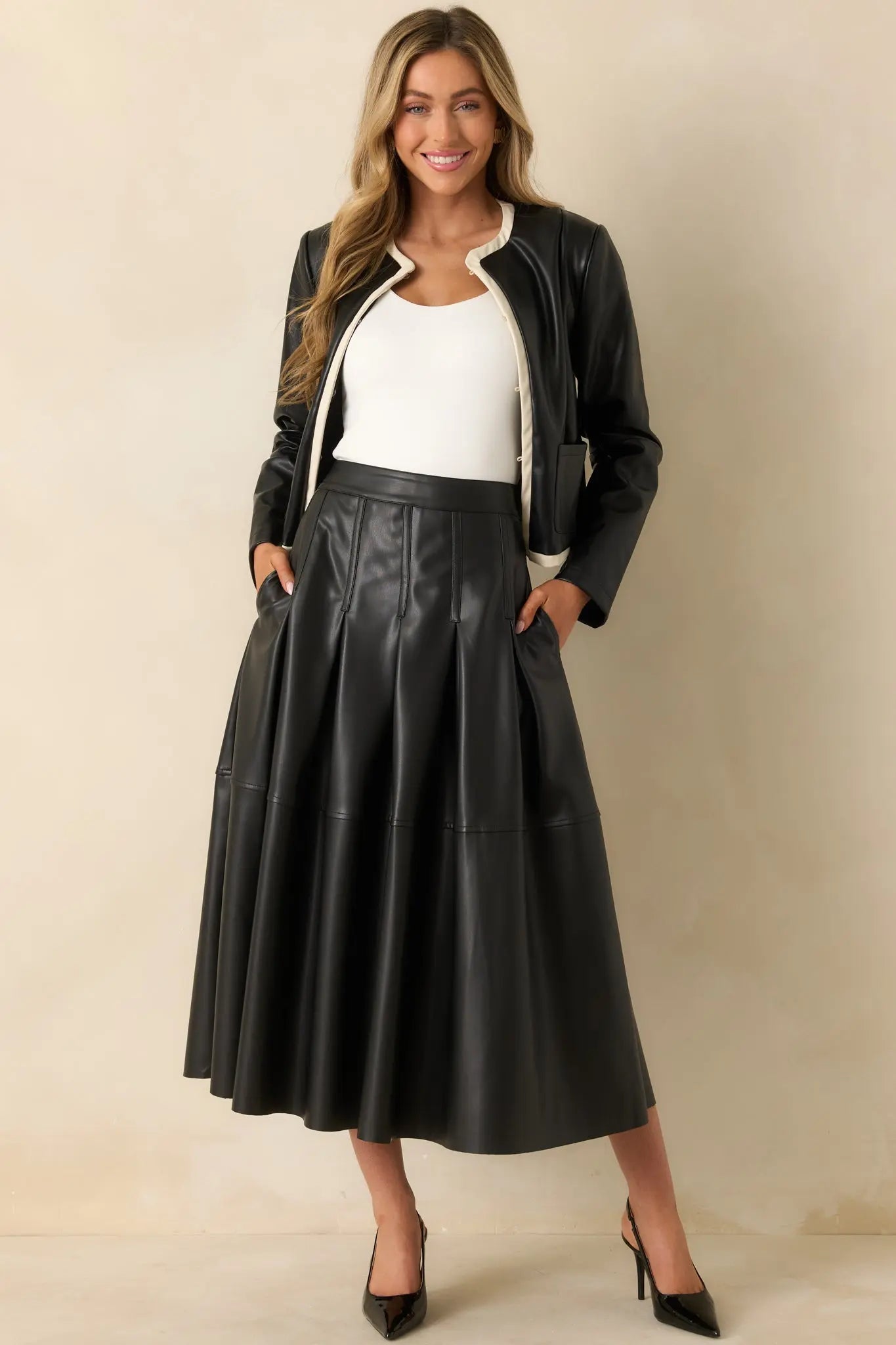 Women's Cut To Perfection Black Faux Leather Pleated Midi Skirt | 45% Polyurethane & 55% Polyester 1