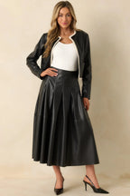 Women's Cut To Perfection Black Faux Leather Pleated Midi Skirt | 45% Polyurethane & 55% Polyester 2