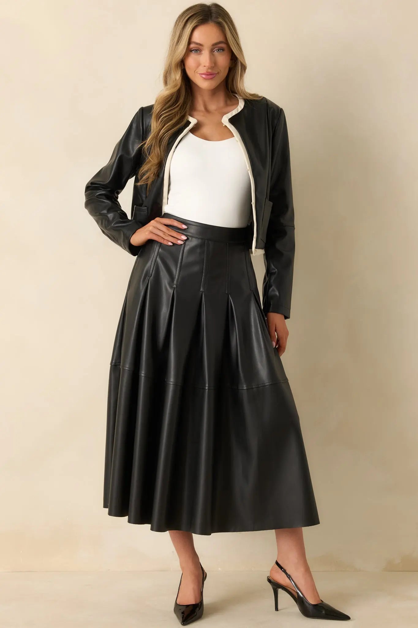 Women's Cut To Perfection Black Faux Leather Pleated Midi Skirt | 45% Polyurethane & 55% Polyester 2