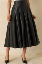 Women's Cut To Perfection Black Faux Leather Pleated Midi Skirt | 45% Polyurethane & 55% Polyester 3