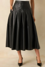 Women's Cut To Perfection Black Faux Leather Pleated Midi Skirt | 45% Polyurethane & 55% Polyester 7