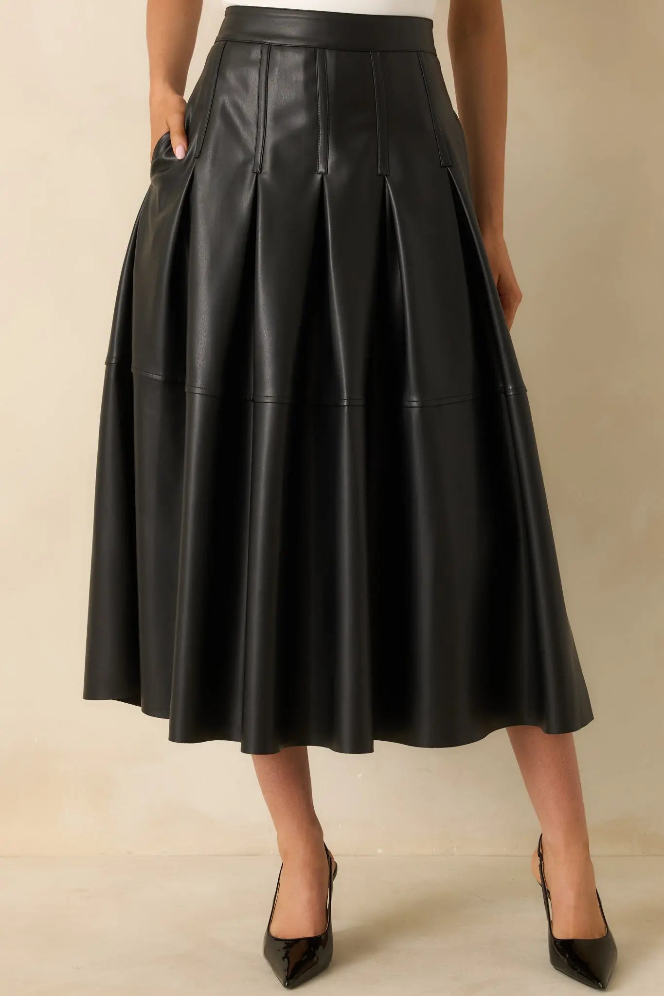 Women's Cut To Perfection Black Faux Leather Pleated Midi Skirt | 45% Polyurethane & 55% Polyester 7