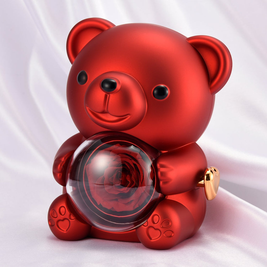 Necklace presented in teddy bear gift box with forever rose