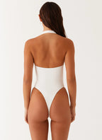 Women's Delia Collection | White One Piece Swimsuit with Low V Neckline | Flattering Fit for Beach Days | Low V neckline 2