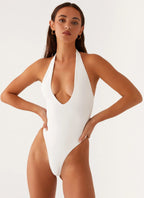 Women's Delia Collection | White One Piece Swimsuit with Low V Neckline | Flattering Fit for Beach Days | Low V neckline 3