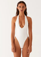 Women's Delia Collection | White One Piece Swimsuit with Low V Neckline | Flattering Fit for Beach Days | Low V neckline 5