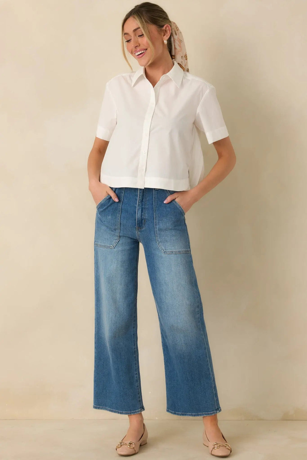 Women's Duly Noted White Pleated Back Button-Up Blouse | 65% Polyester & 35% Cotton 0
