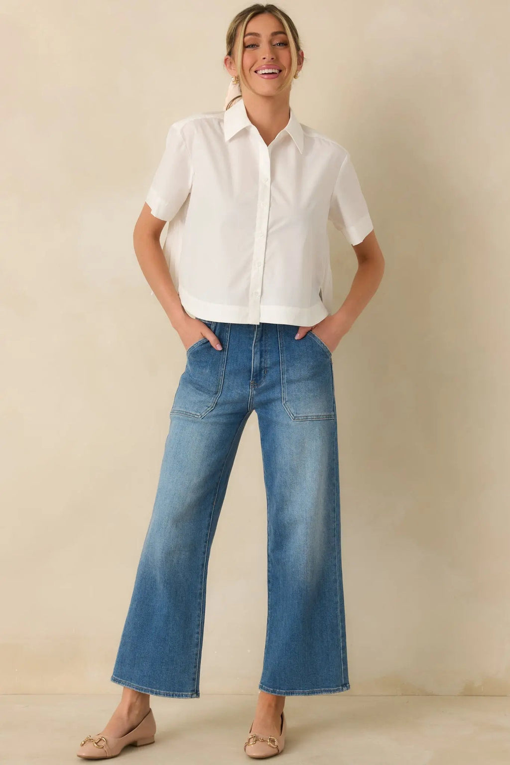 Women's Duly Noted White Pleated Back Button-Up Blouse | 65% Polyester & 35% Cotton 3