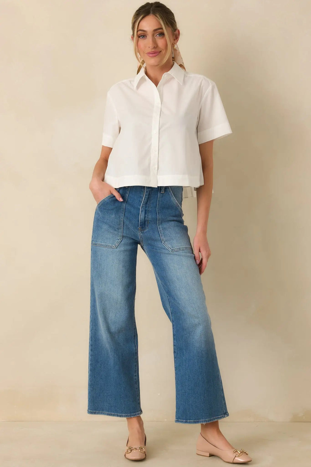 Women's Duly Noted White Pleated Back Button-Up Blouse | 65% Polyester & 35% Cotton 4
