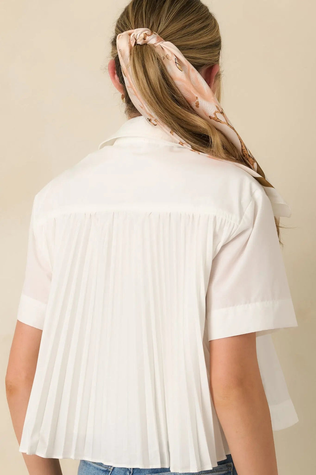 Women's Duly Noted White Pleated Back Button-Up Blouse | 65% Polyester & 35% Cotton 6