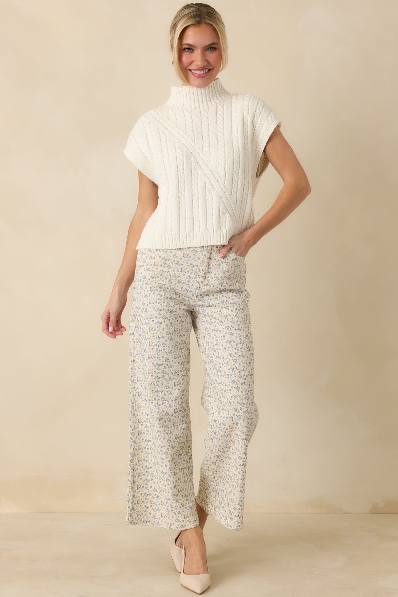 Women's Easy Moments Light Blue Floral Cotton Wide Leg Jeans | 97% Cotton & 3% Spandex 3