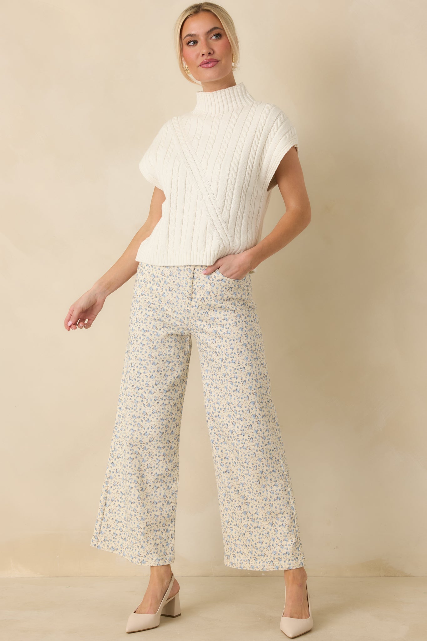 Women's Easy Moments Light Blue Floral Cotton Wide Leg Jeans | 97% Cotton & 3% Spandex 4