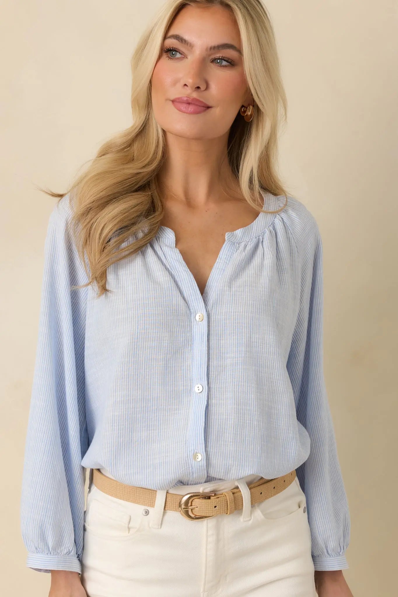 Women's Easy Tide Blue Stripe Relaxed Button Front Top | 70% Rayon & 30% Cotton 2