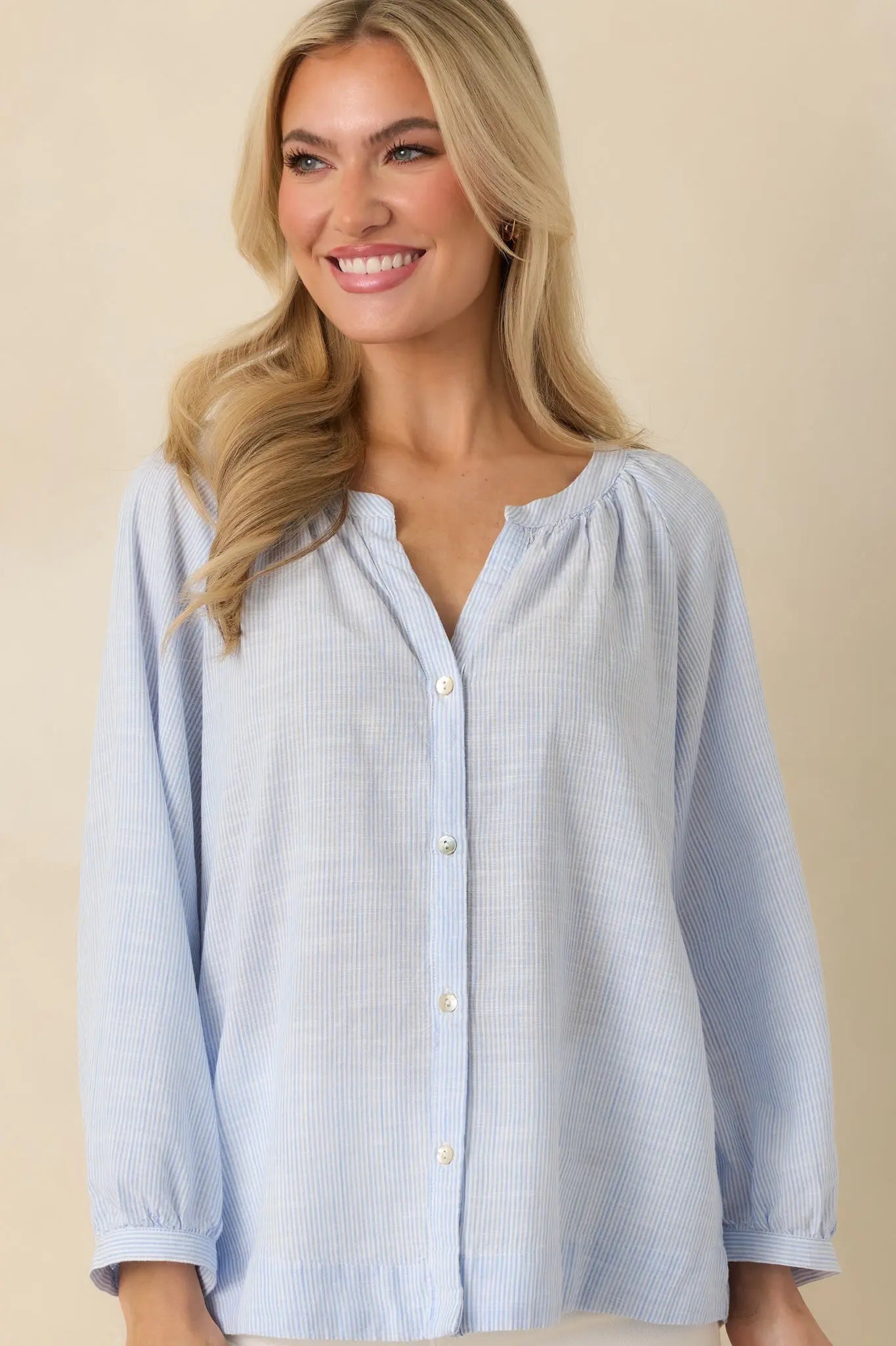 Women's Easy Tide Blue Stripe Relaxed Button Front Top | 70% Rayon & 30% Cotton 7