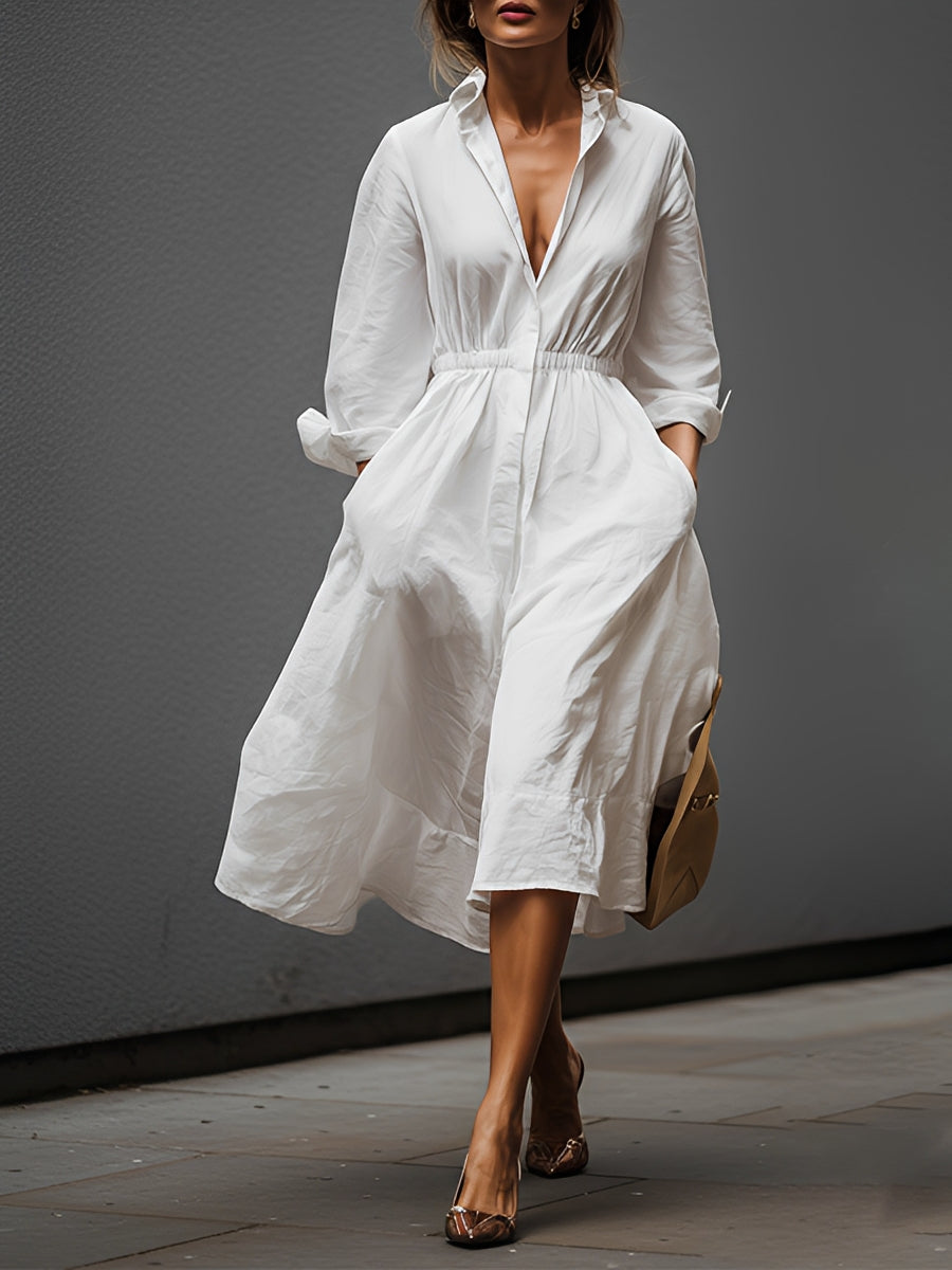 Effortless Chic | Women's White Dress with Shirt Collar & Elastic Waist | Stylish Comfort for All Seasons
