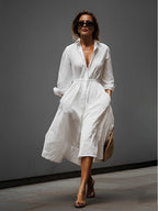 Effortless Chic | Women's White Dress with Shirt Collar & Elastic Waist | Stylish Comfort for All Seasons