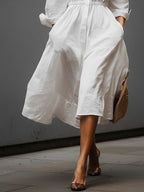 Effortless Chic | Women's White Dress with Shirt Collar & Elastic Waist | Stylish Comfort for All Seasons