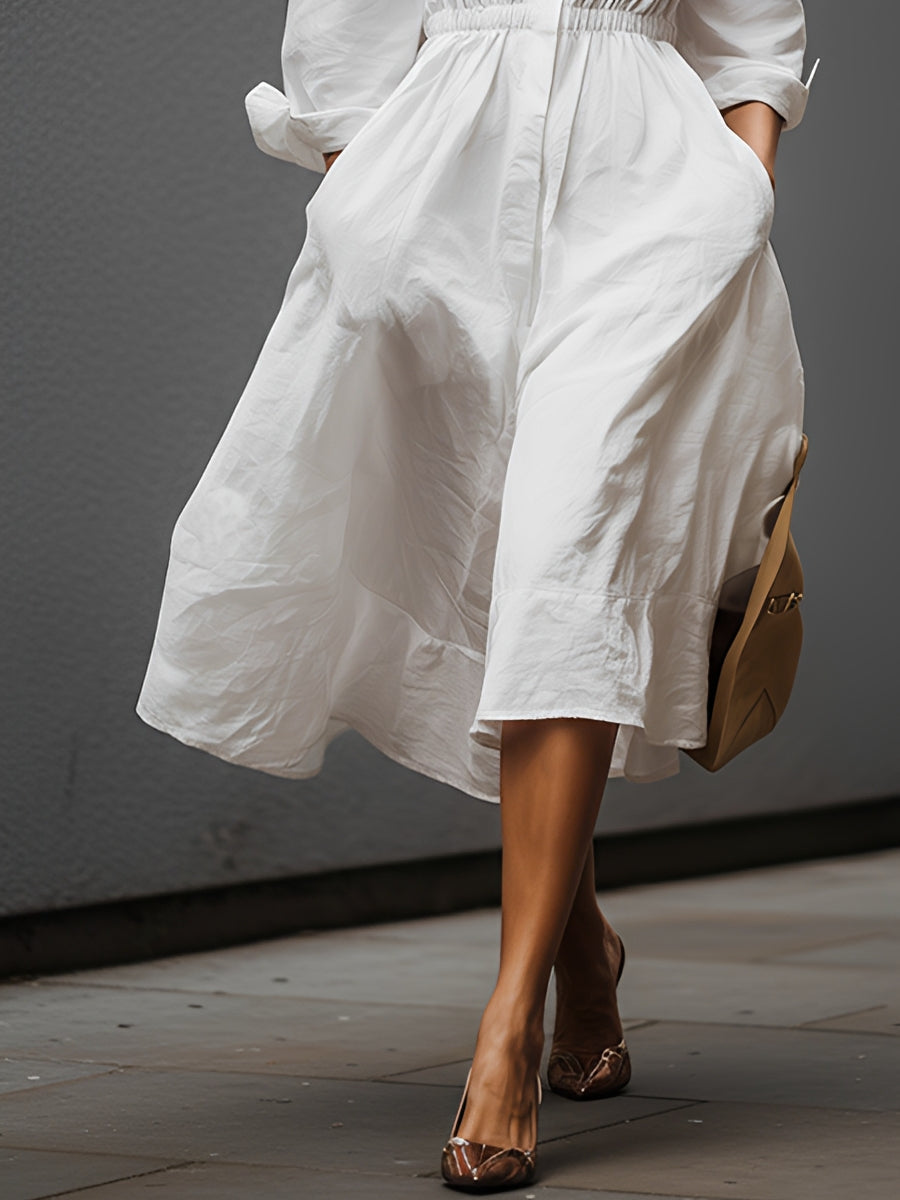 Effortless Chic | Women's White Dress with Shirt Collar & Elastic Waist | Stylish Comfort for All Seasons