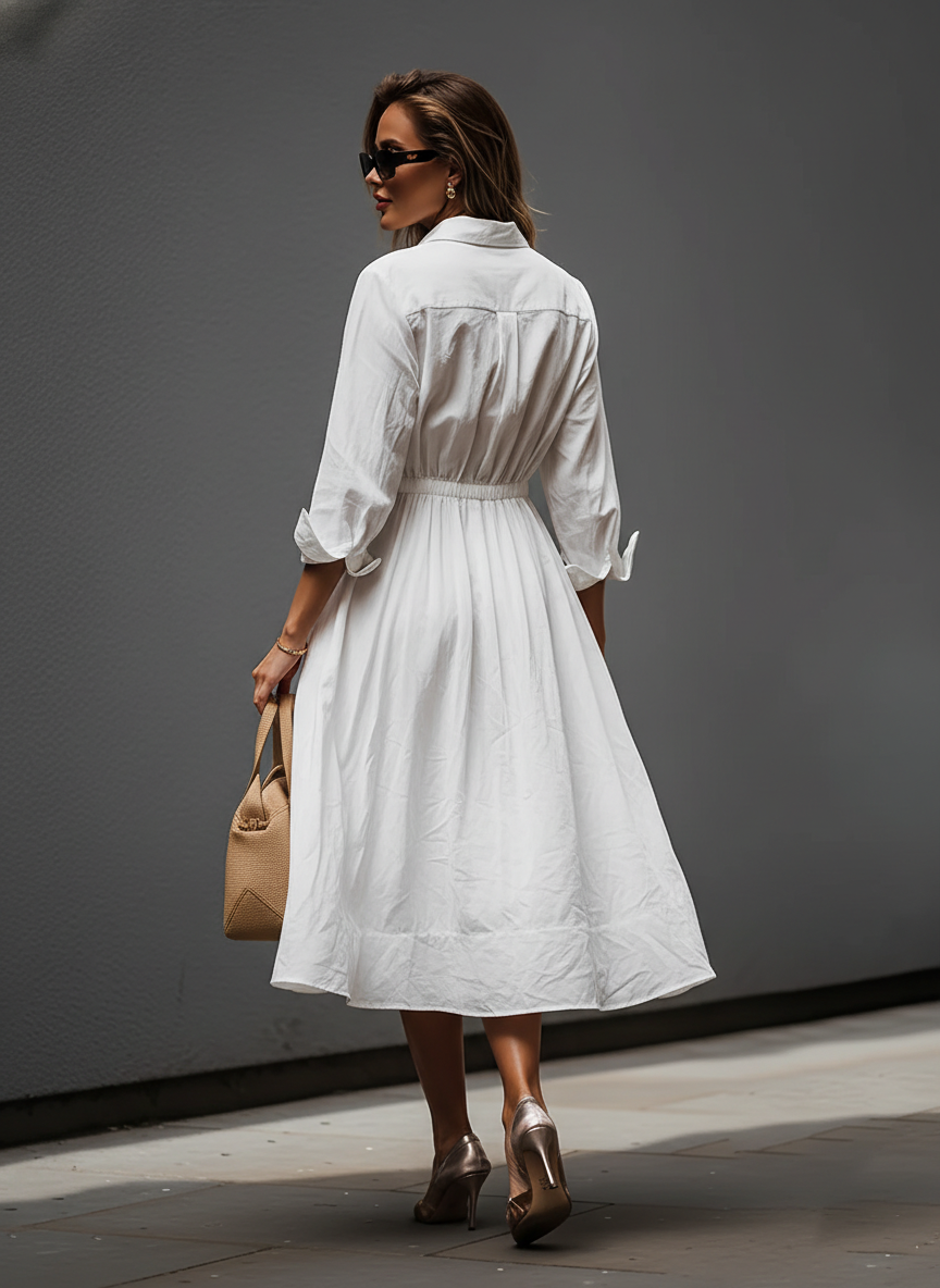 Effortless Chic | Women's White Dress with Shirt Collar & Elastic Waist | Stylish Comfort for All Seasons