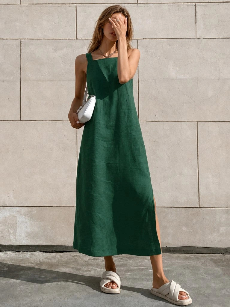 Effortless Linen | White Midi Dress with Side Slit & Square Neckline | Relaxed Fit for Comfortable Style