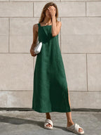 Effortless Linen | White Midi Dress with Side Slit & Square Neckline | Relaxed Fit for Comfortable Style