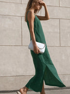 Effortless Linen | White Midi Dress with Side Slit & Square Neckline | Relaxed Fit for Comfortable Style