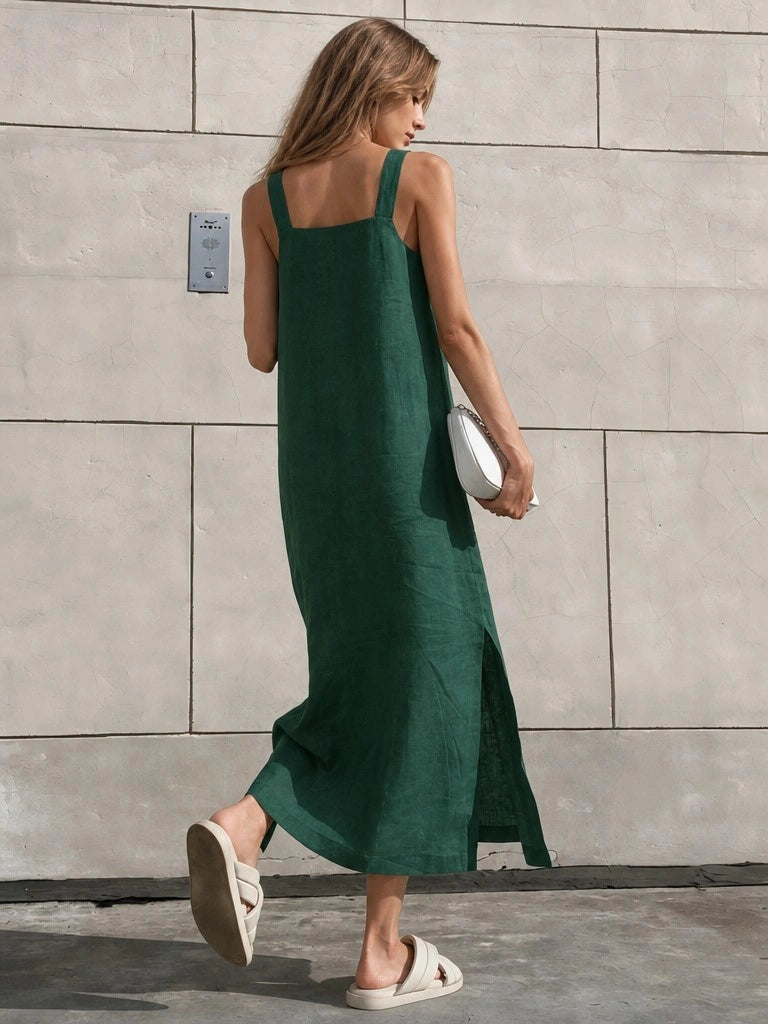 Effortless Linen | White Midi Dress with Side Slit & Square Neckline | Relaxed Fit for Comfortable Style