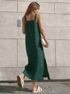 Effortless Linen | White Midi Dress with Side Slit & Square Neckline | Relaxed Fit for Comfortable Style