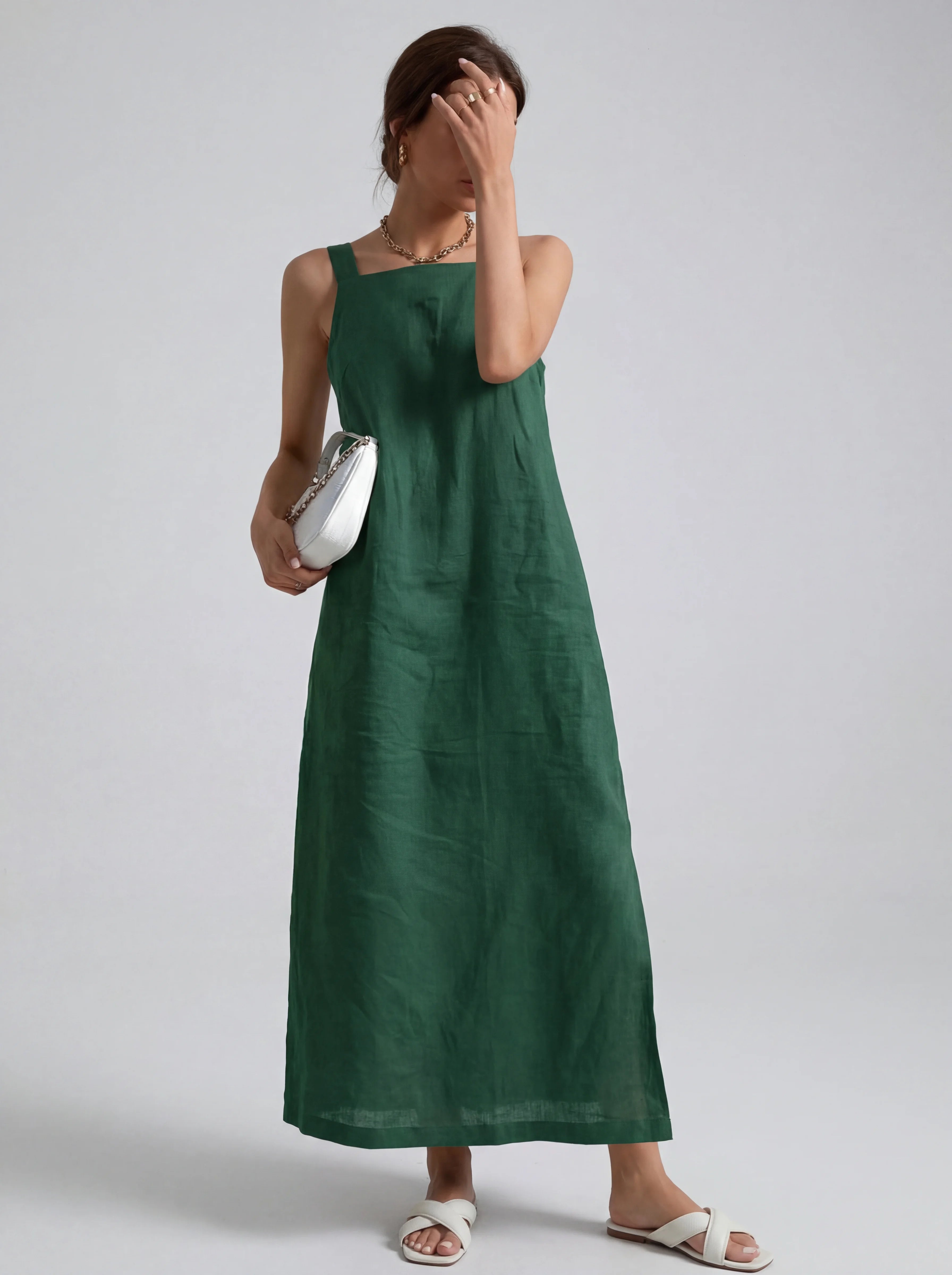 Effortless Linen | White Midi Dress with Side Slit & Square Neckline | Relaxed Fit for Comfortable Style