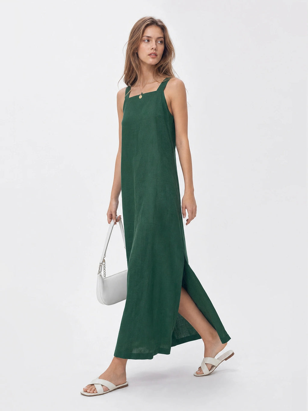 Effortless Linen | White Midi Dress with Side Slit & Square Neckline | Relaxed Fit for Comfortable Style