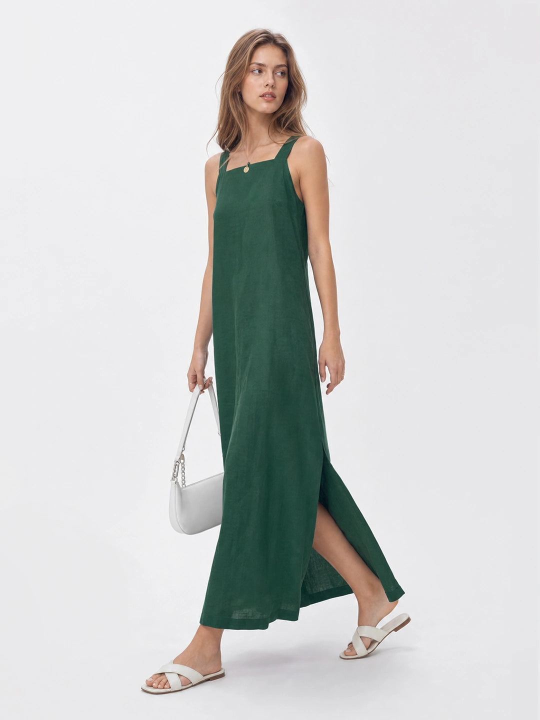 Effortless Linen | White Midi Dress with Side Slit & Square Neckline | Relaxed Fit for Comfortable Style