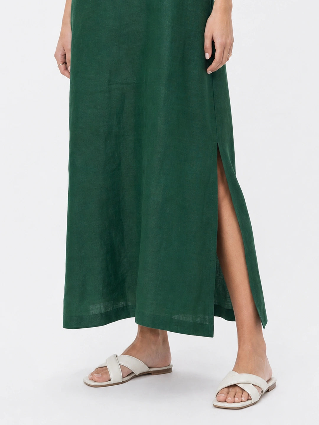 Effortless Linen | White Midi Dress with Side Slit & Square Neckline | Relaxed Fit for Comfortable Style