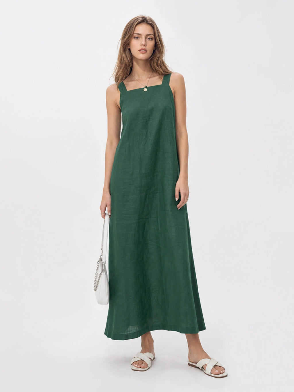 Effortless Linen | White Midi Dress with Side Slit & Square Neckline | Relaxed Fit for Comfortable Style
