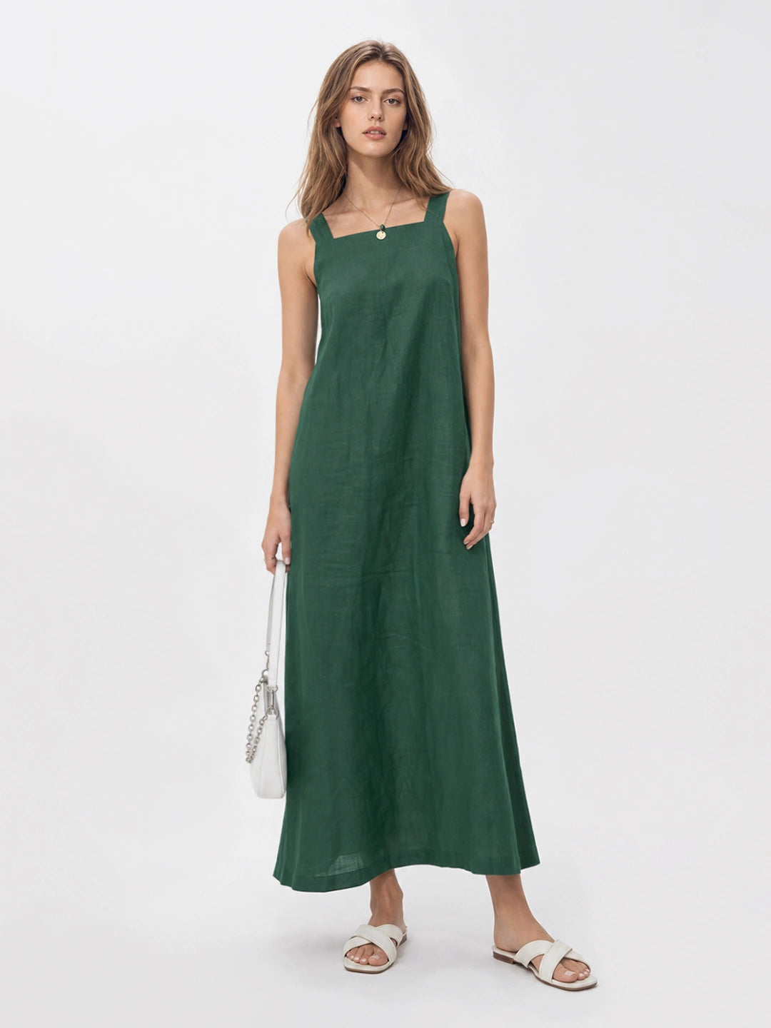 Effortless Linen | White Midi Dress with Side Slit & Square Neckline | Relaxed Fit for Comfortable Style