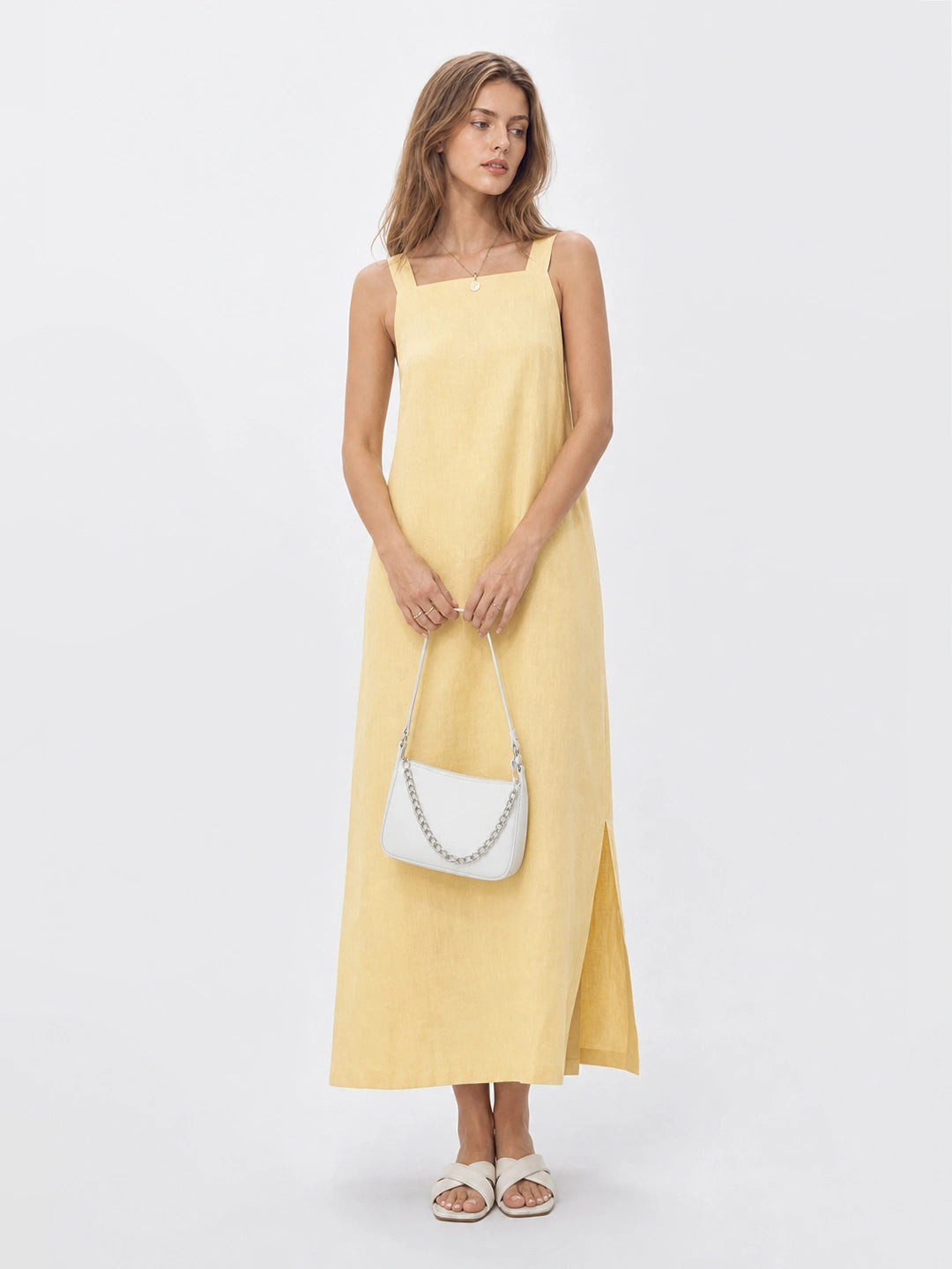 Effortless Linen | White Midi Dress with Side Slit & Square Neckline | Relaxed Fit for Comfortable Style