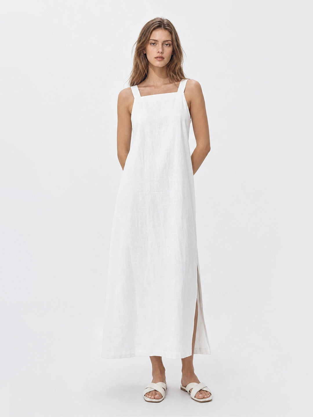 Effortless Linen | White Midi Dress with Side Slit & Square Neckline | Relaxed Fit for Comfortable Style