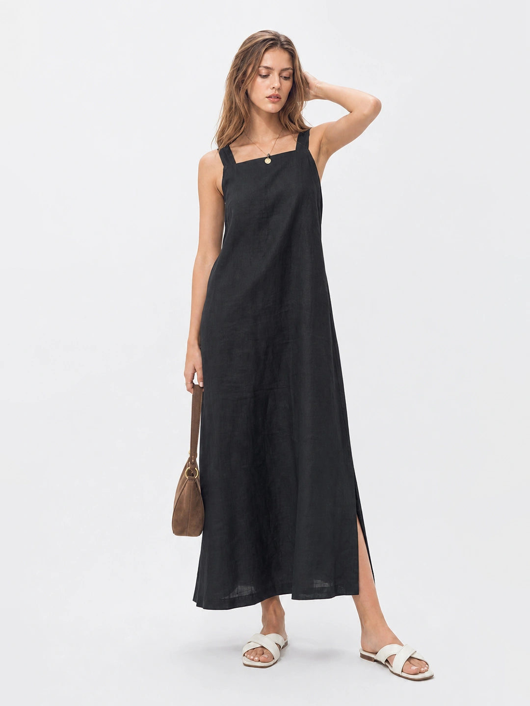 Effortless Linen | White Midi Dress with Side Slit & Square Neckline | Relaxed Fit for Comfortable Style