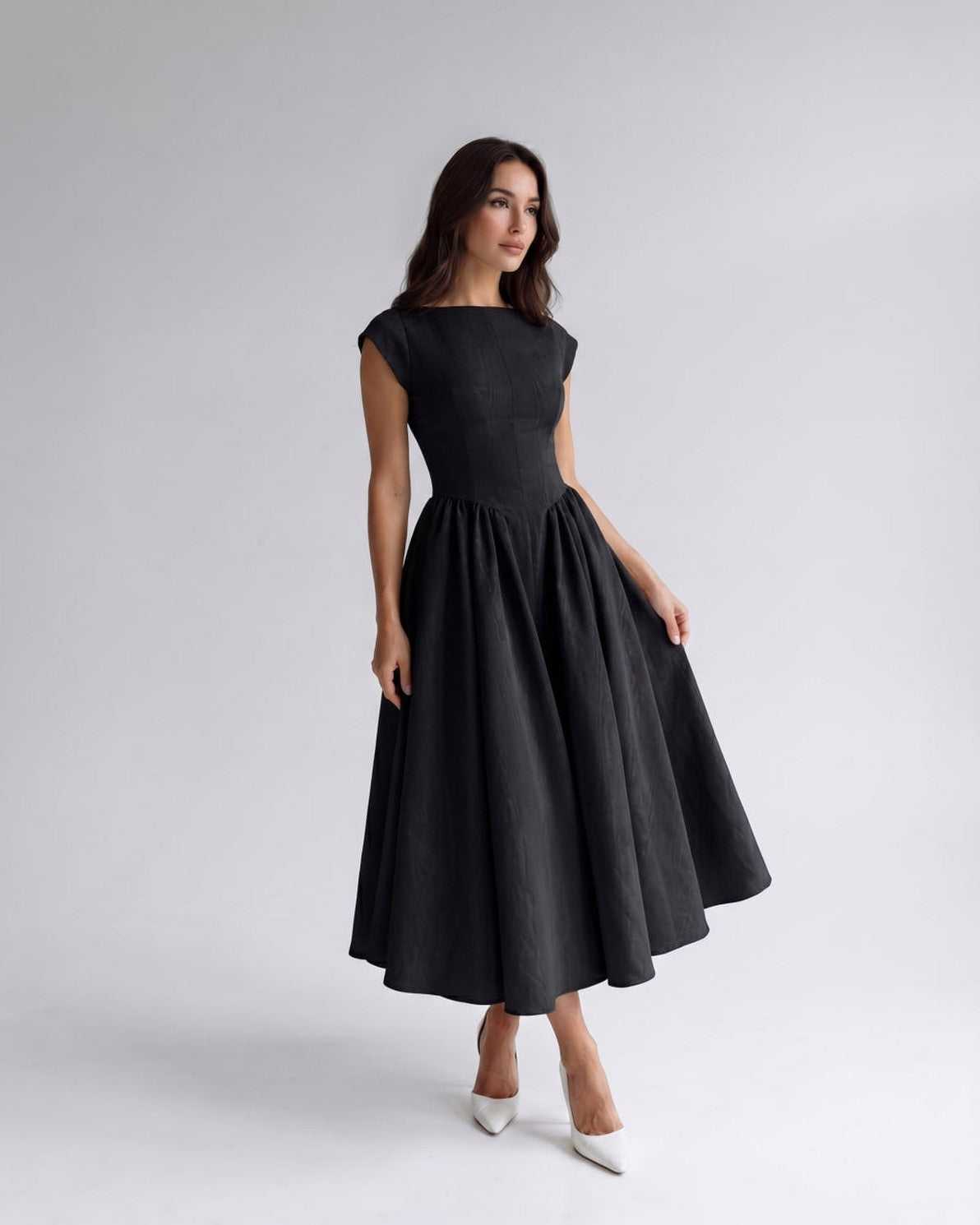 Elara Collection | Midi Dress with Structured Fabric & A-Line Skirt | Elegant Style for Versatile Occasions