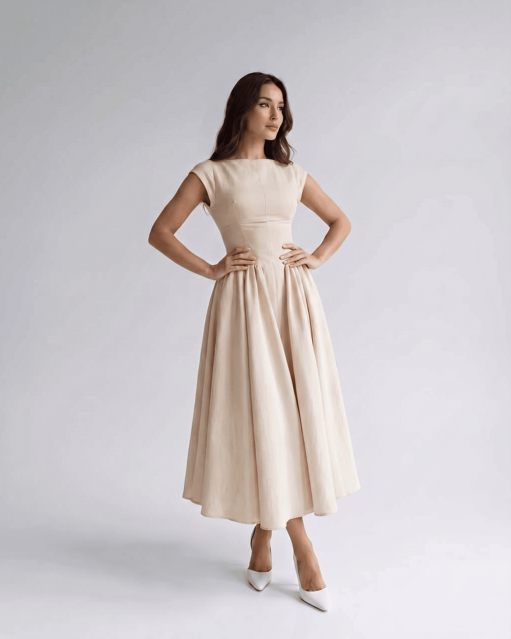 Elara Collection | Midi Dress with Structured Fabric & A-Line Skirt | Elegant Style for Versatile Occasions