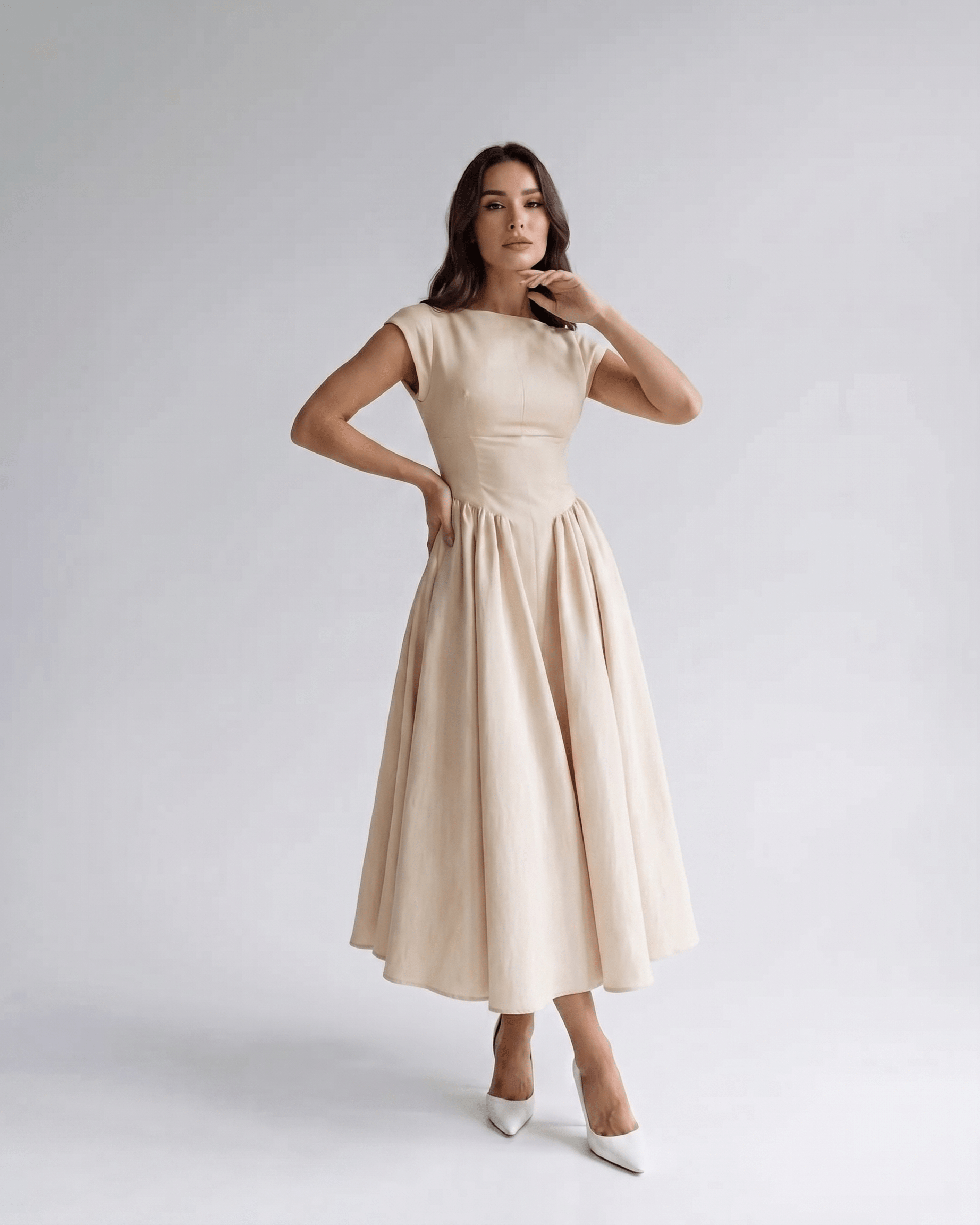 Elara Collection | Midi Dress with Structured Fabric & A-Line Skirt | Elegant Style for Versatile Occasions