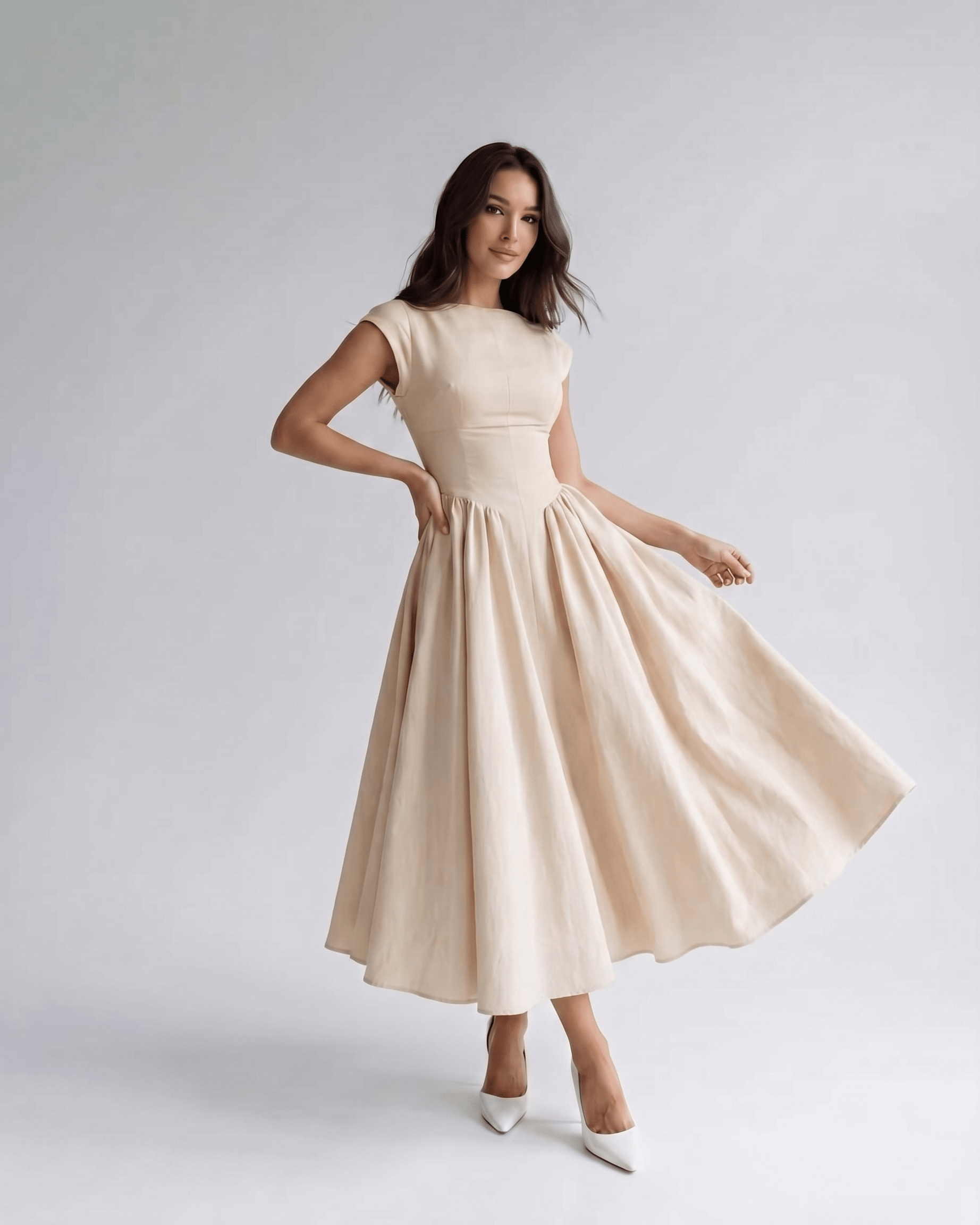 Elara Collection | Midi Dress with Structured Fabric & A-Line Skirt | Elegant Style for Versatile Occasions